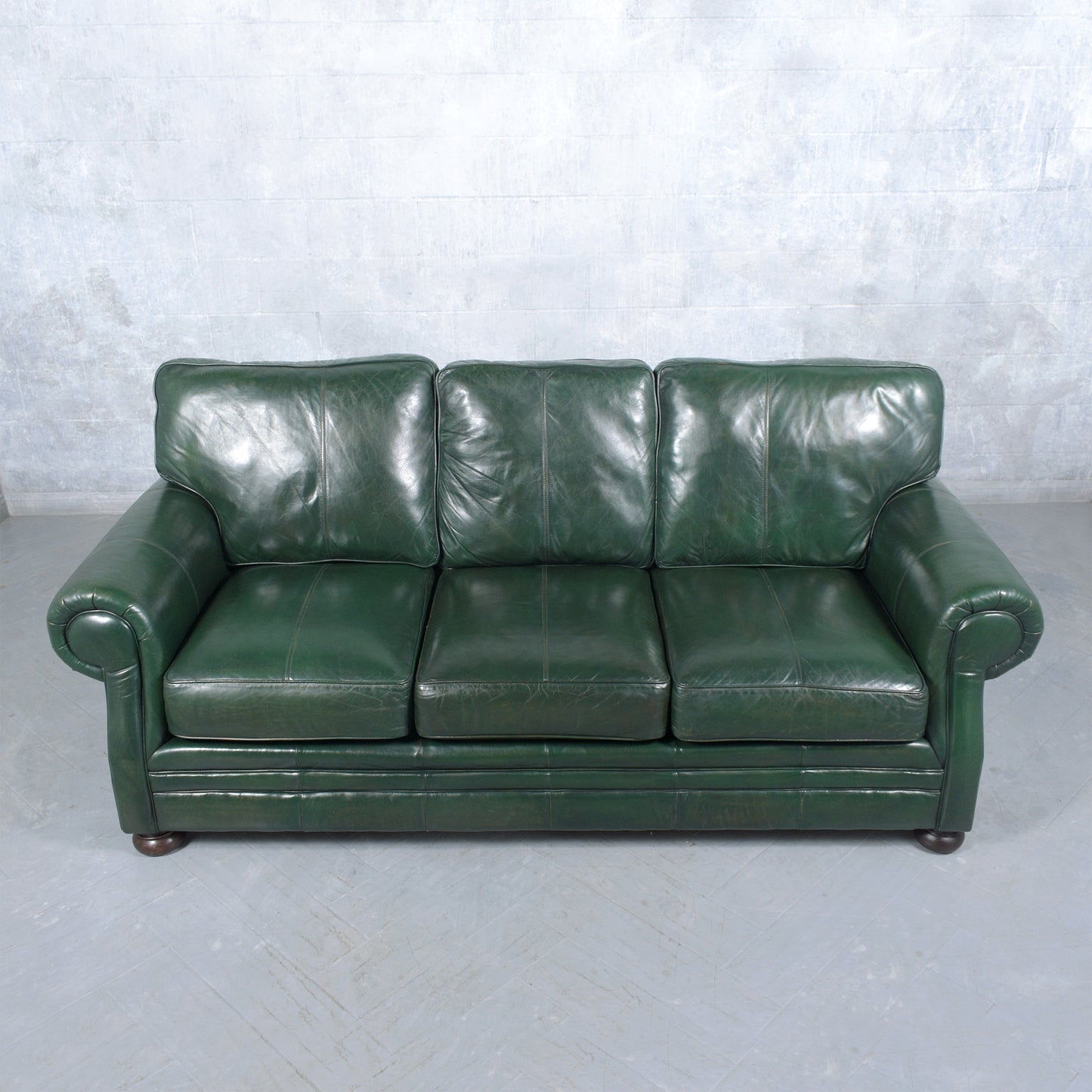 1980s Vintage Leather Sofa: Restored Dark Green Elegance