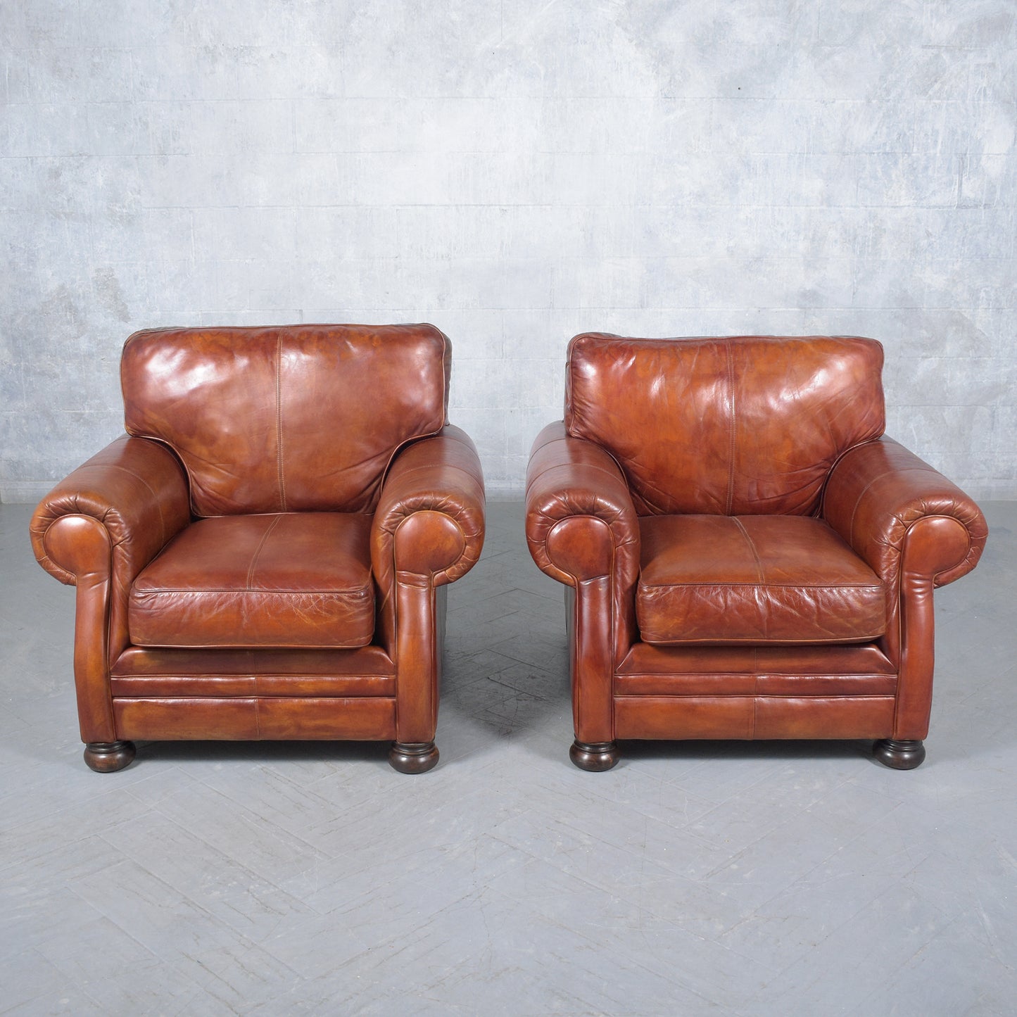 Restored Vintage Leather Armchairs: Rich Cognac Brown Elegance
