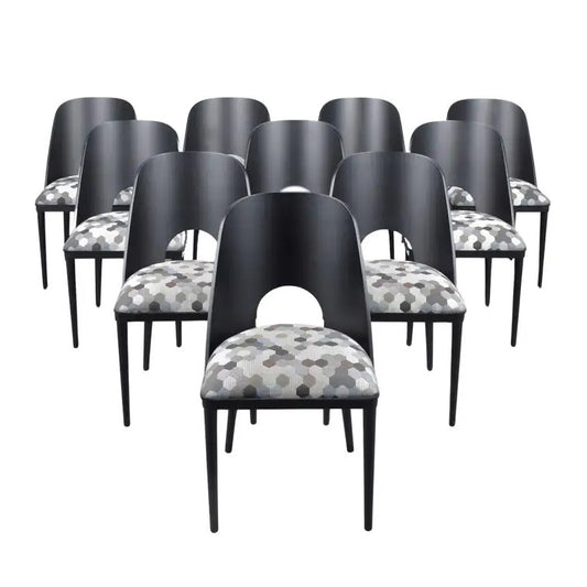 Set of Ten Modern Dining Chairs with Barrel Backs and Multicolor Upholstery