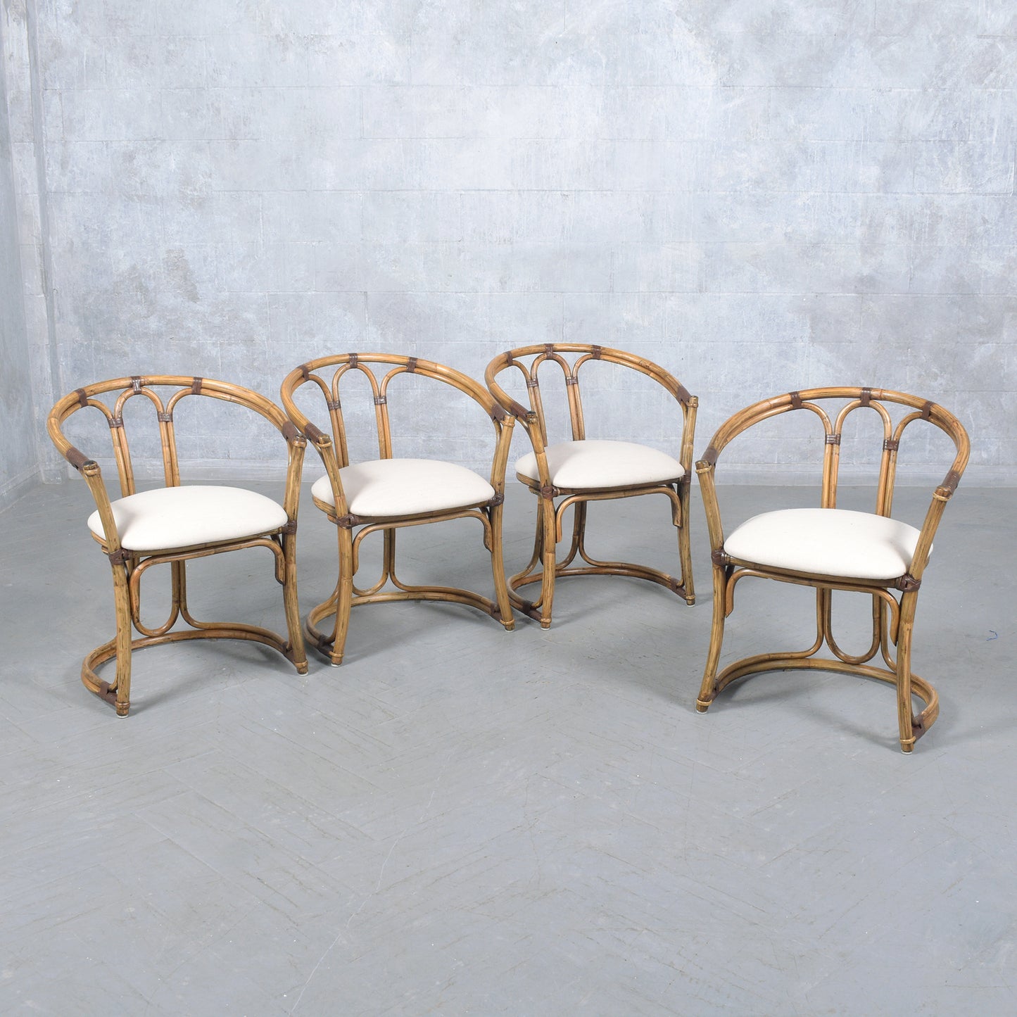 Restored Vintage Bamboo Barrel Armchairs - Set of Four