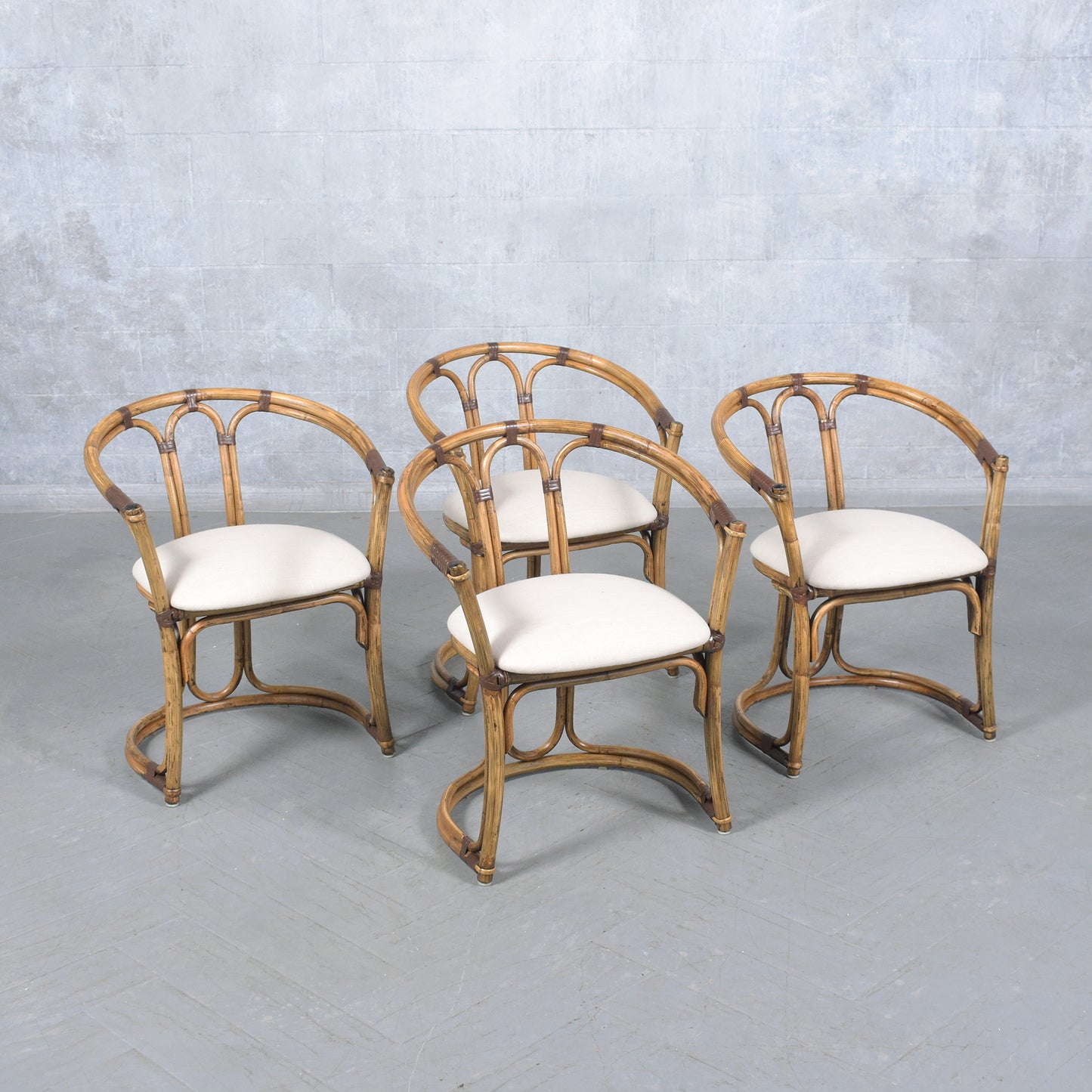 Restored Vintage Bamboo Barrel Armchairs - Set of Four