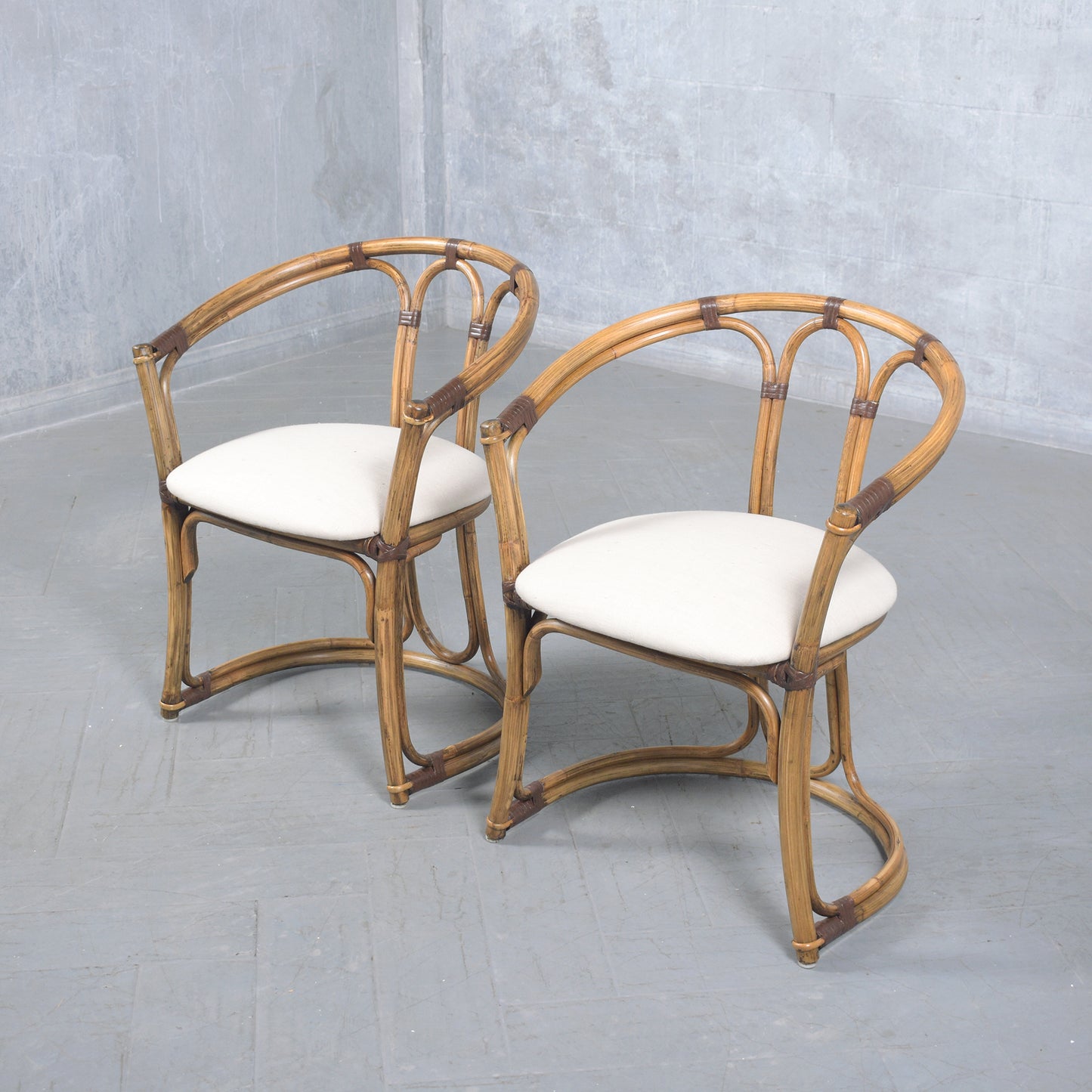 Restored Vintage Bamboo Barrel Armchairs - Set of Four