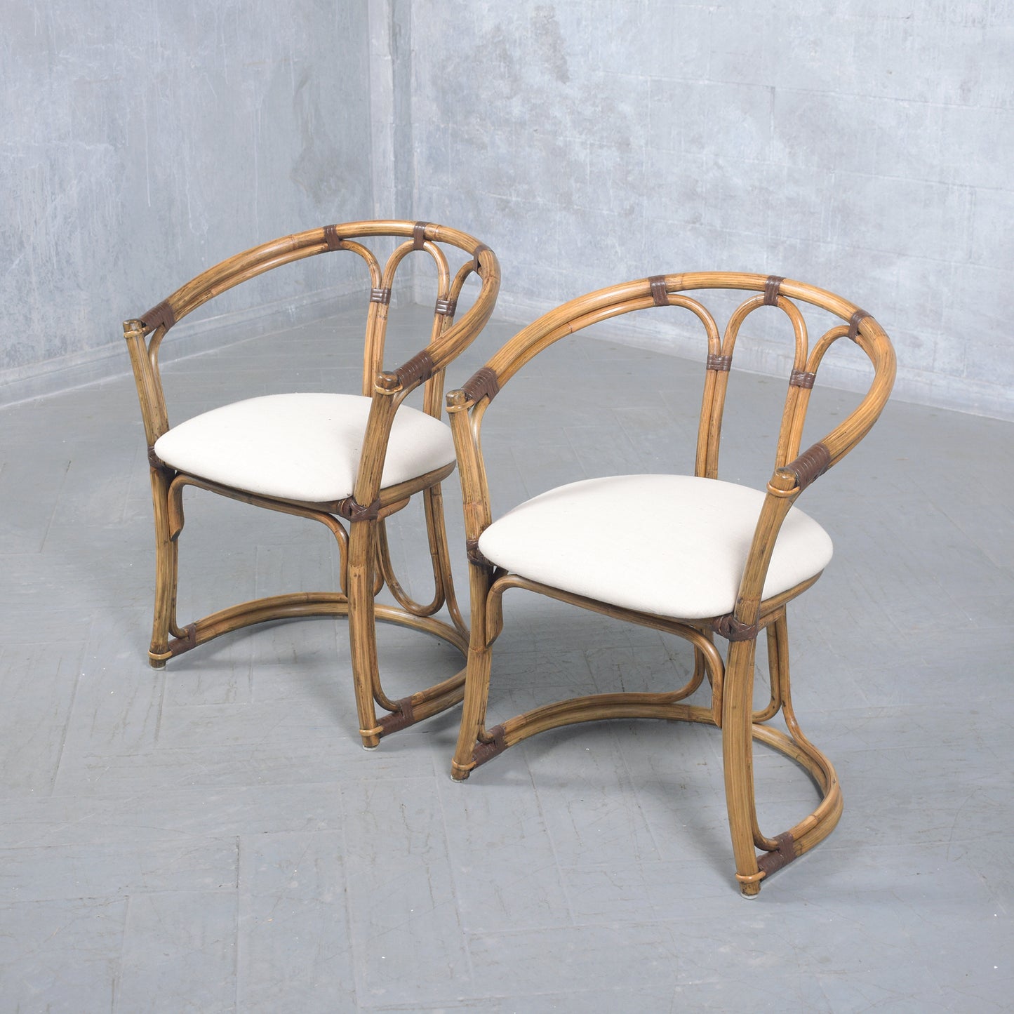 Restored Vintage Pair of Bamboo Barrel Chairs with Ivory Fabric