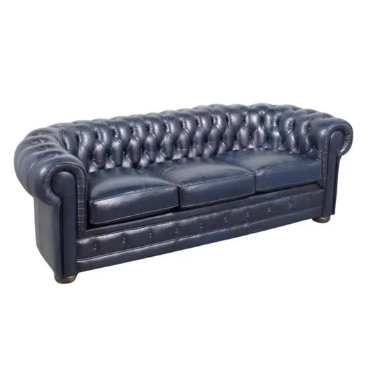 1960s French Vintage Leather Sofa in Navy Blue with Tufted Details