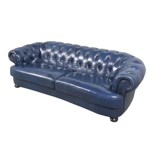 Restored Vintage 1980s Navy Blue Chesterfield Leather Sofa