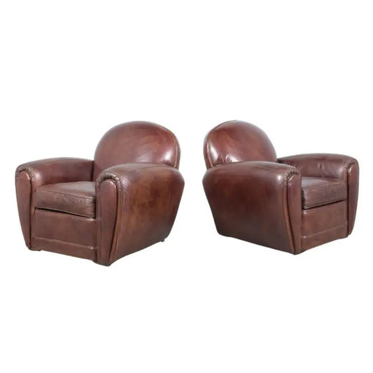 Pair of 1990s Vintage French Art Deco Leather Club Chairs