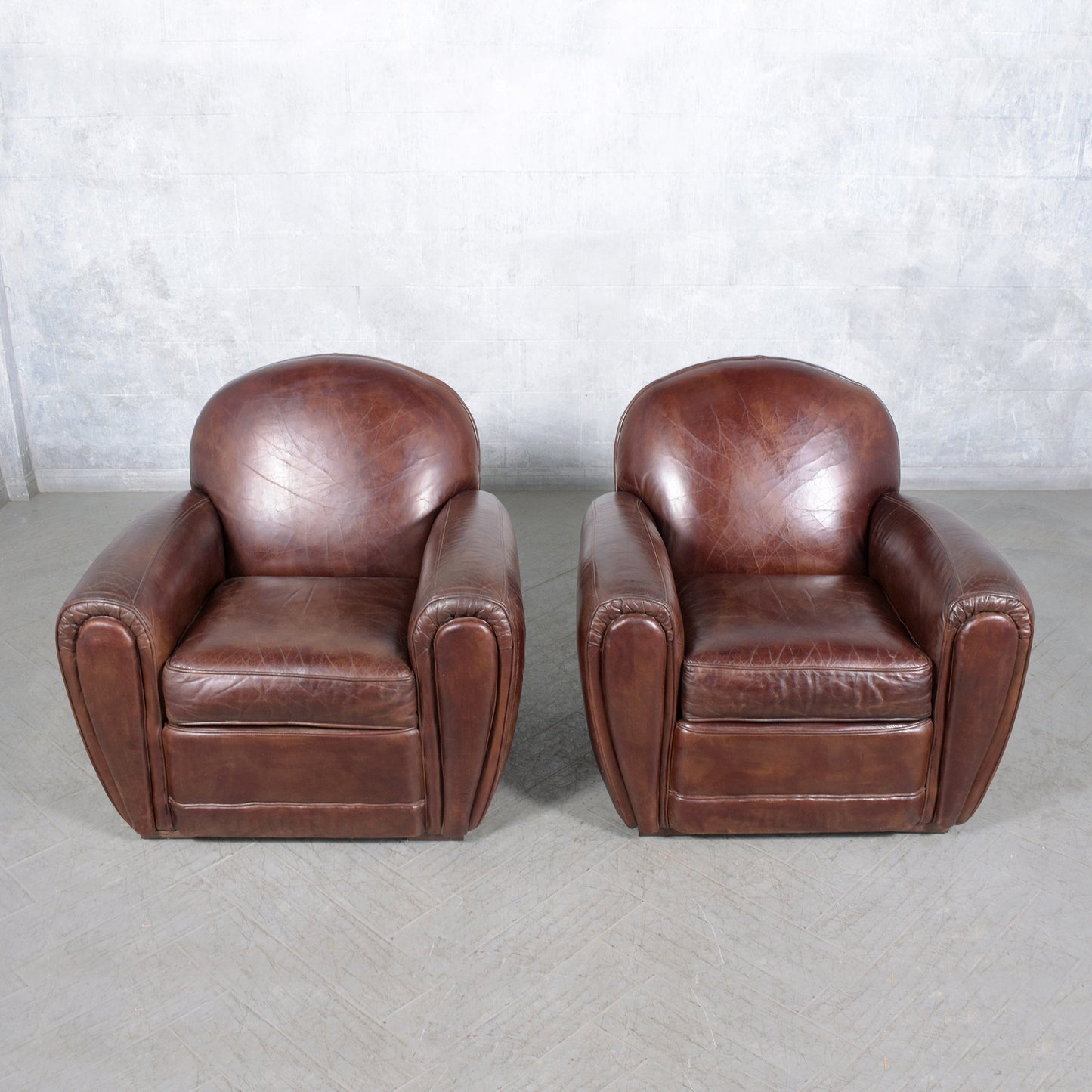 Pair of 1990s Vintage French Art Deco Leather Club Chairs