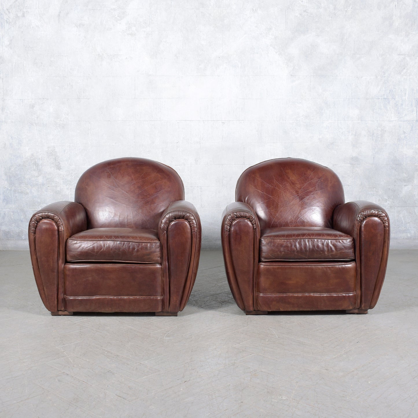 Pair of 1990s Vintage French Art Deco Leather Club Chairs