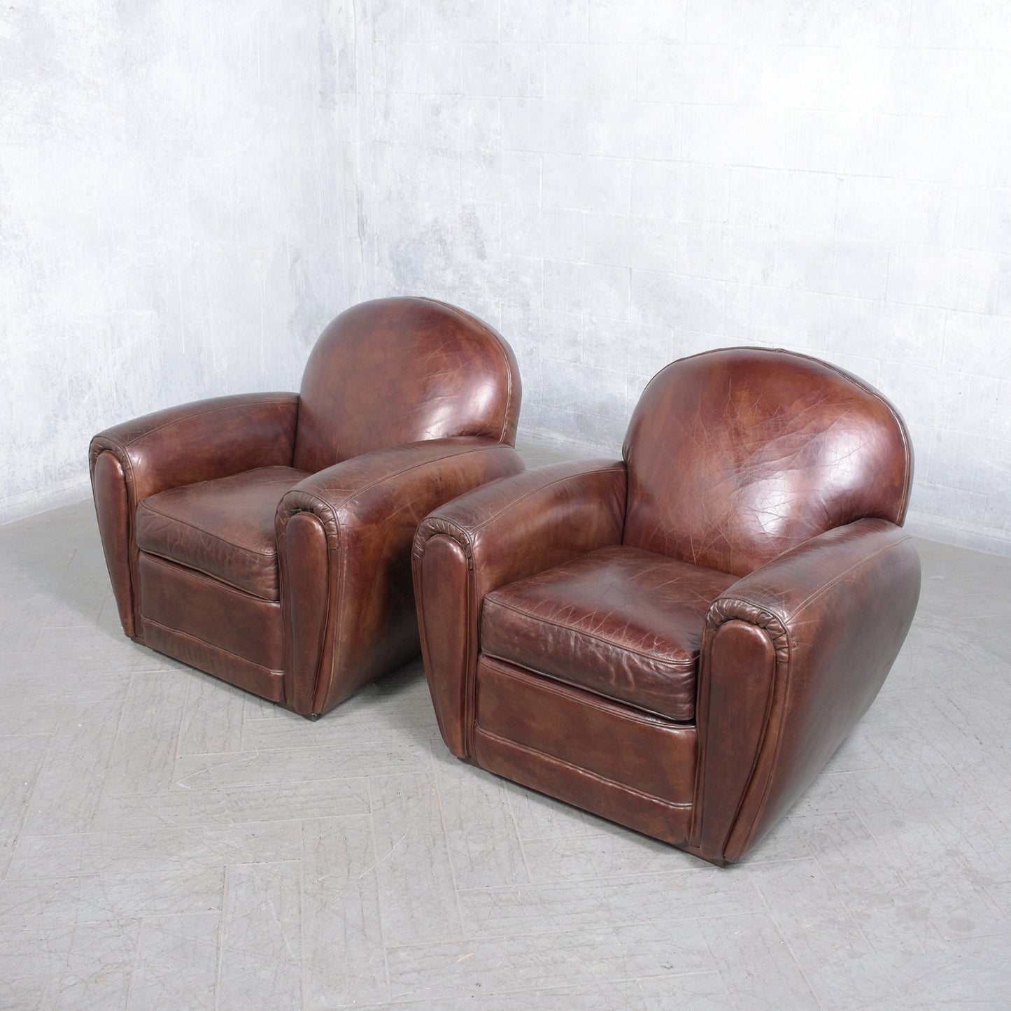 Pair of 1990s Vintage French Art Deco Leather Club Chairs