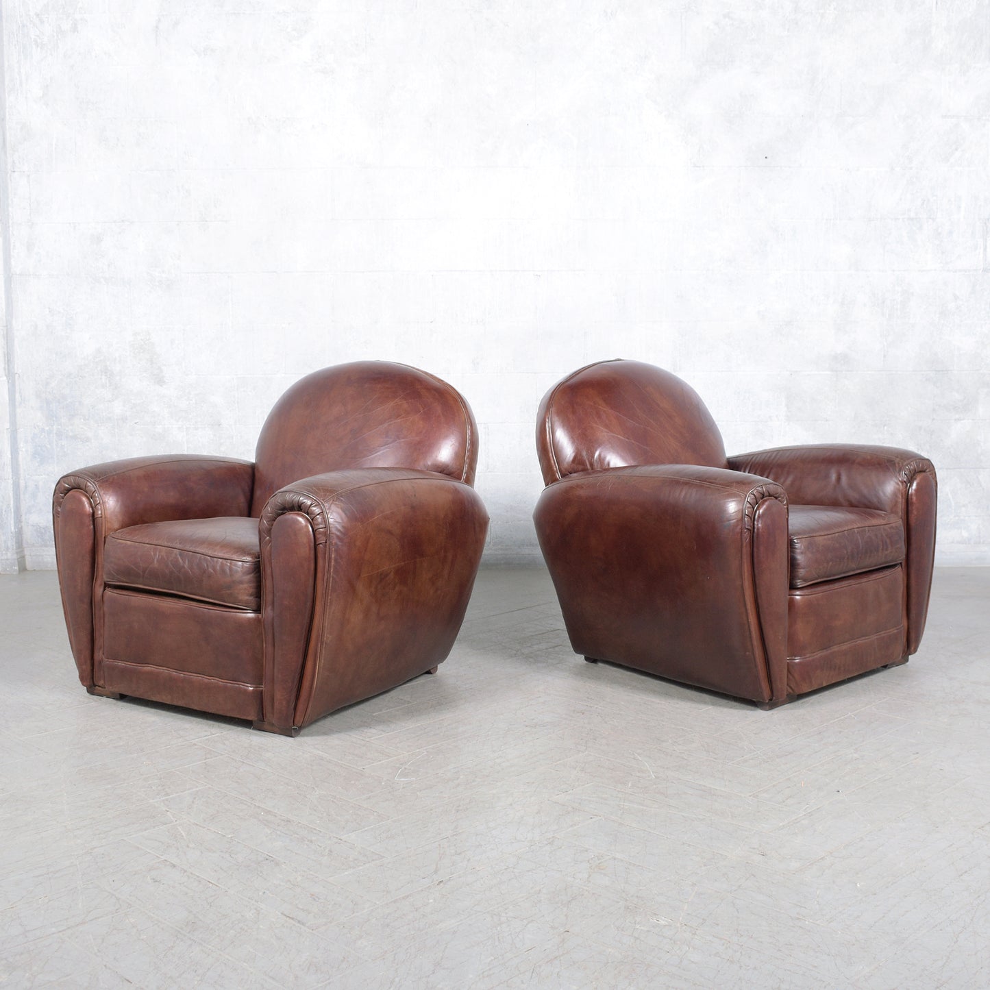 Pair of 1990s Vintage French Art Deco Leather Club Chairs