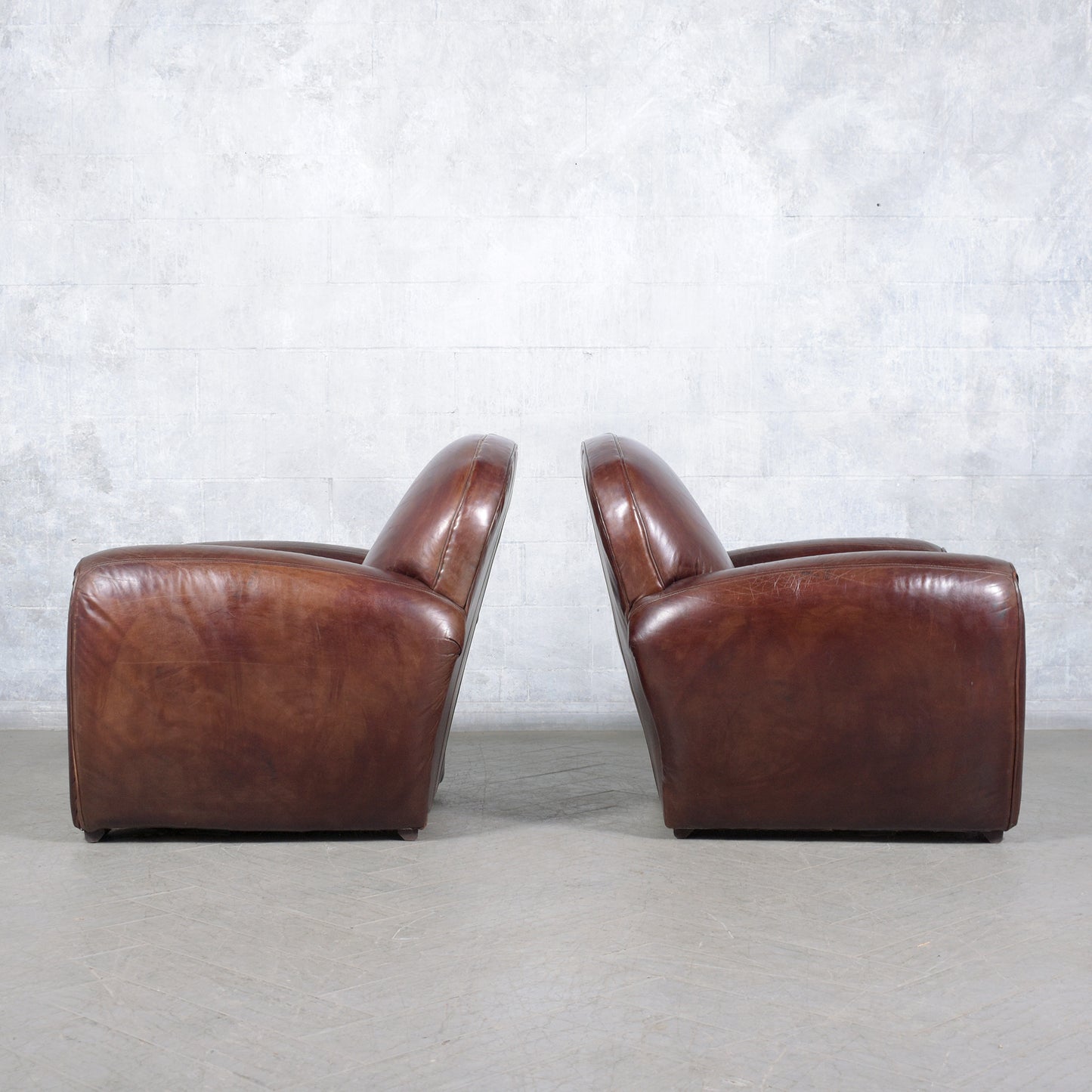 Pair of 1990s Vintage French Art Deco Leather Club Chairs