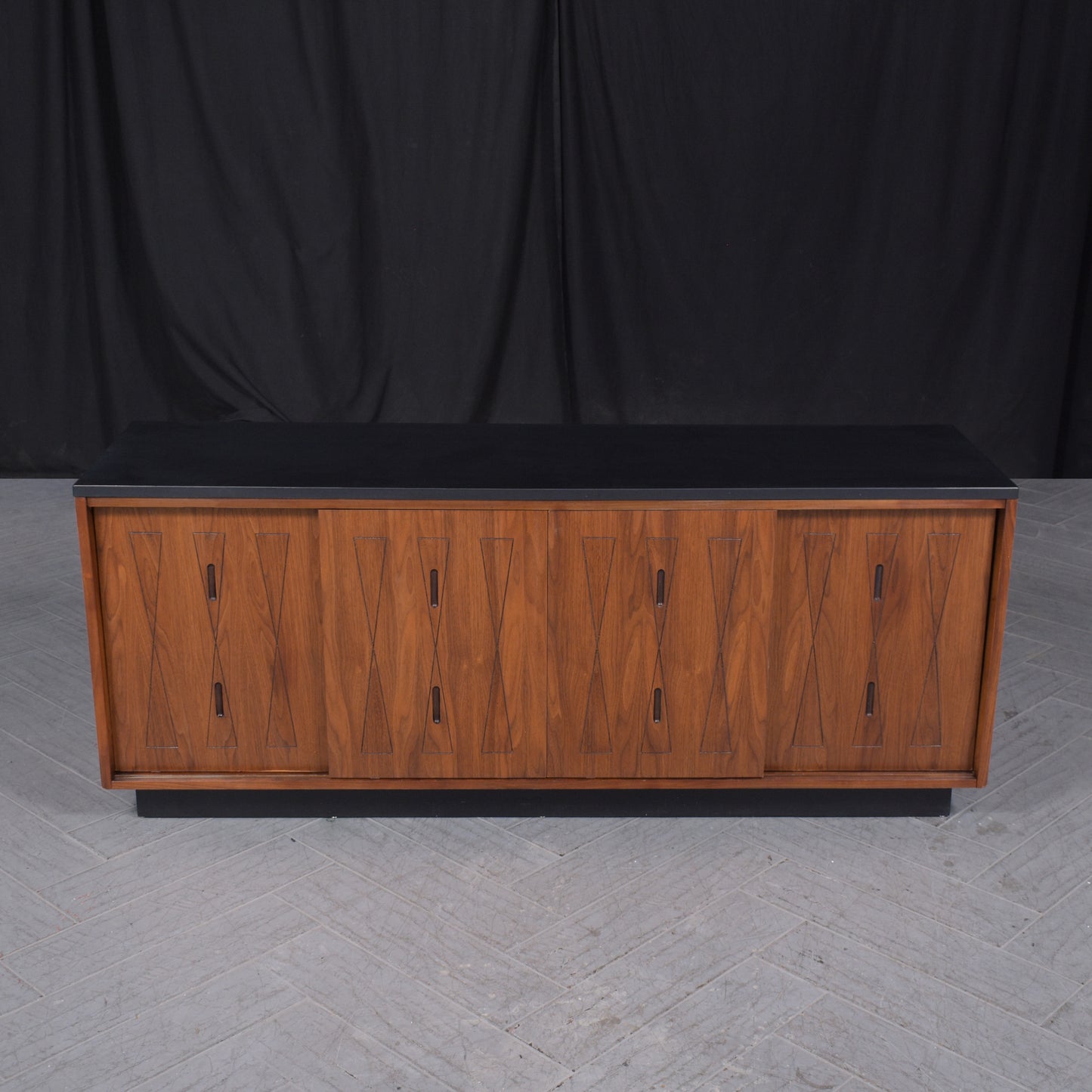1960s Restored Mid-Century Walnut Credenza with Sliding Doors and Shelves