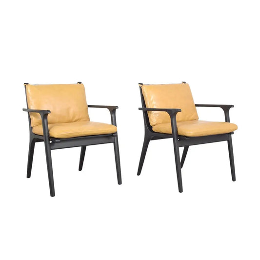 Pair of Modern Yellow Leather Oak Armchairs