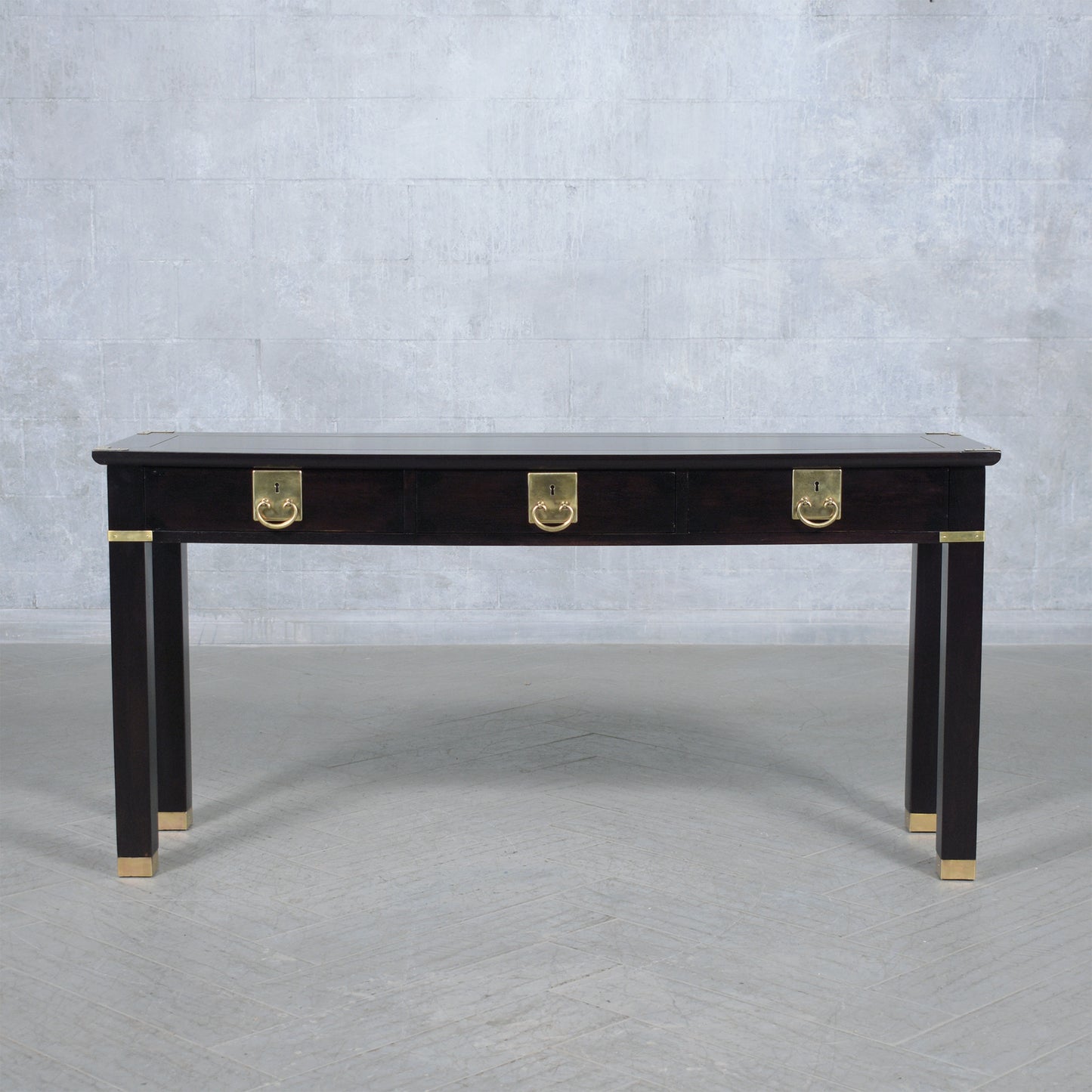 Vintage White Oak Campaign-Style Console with Brass Accents