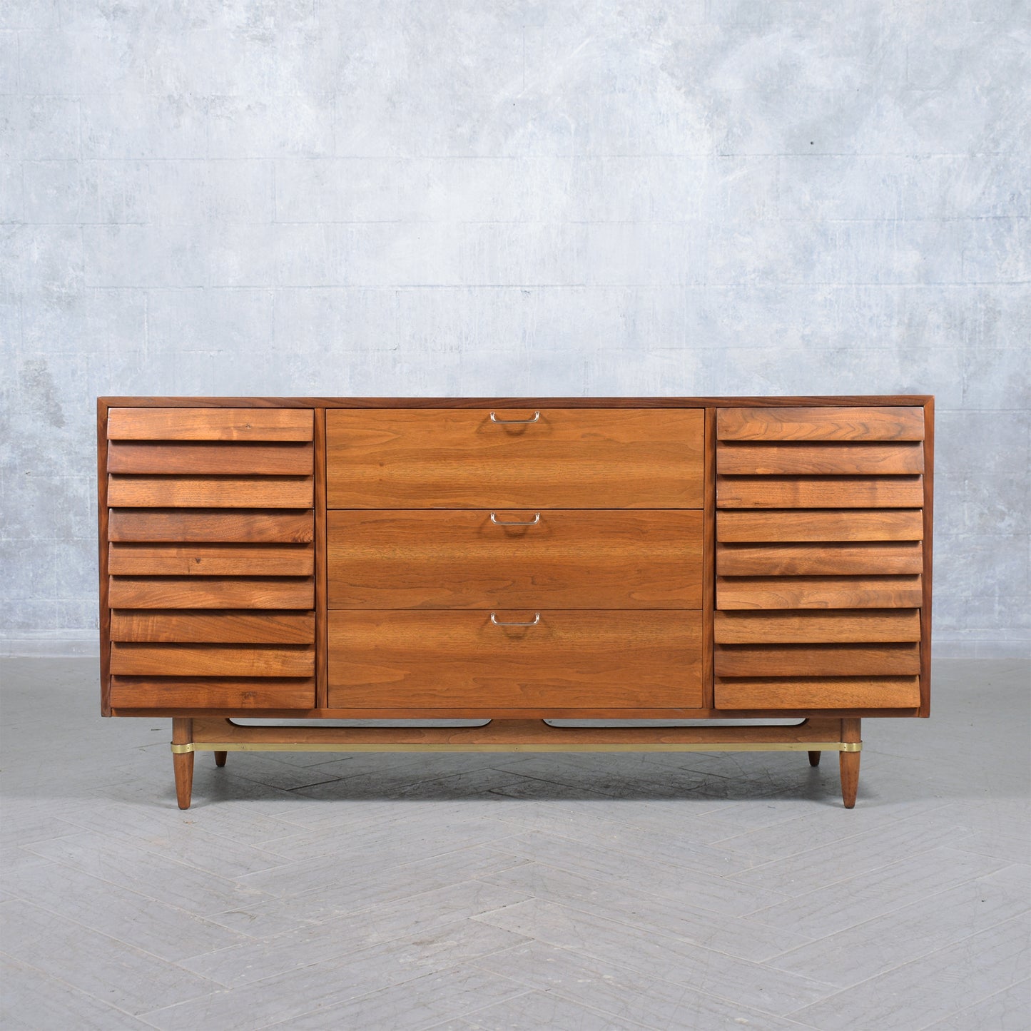 Vintage Mid-Century Modern Walnut Dresser with Brass Accents - Restored Elegance