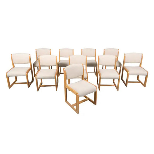 Set of Ten Restored 1980s Oak Dining Chairs with Ivory Upholstery