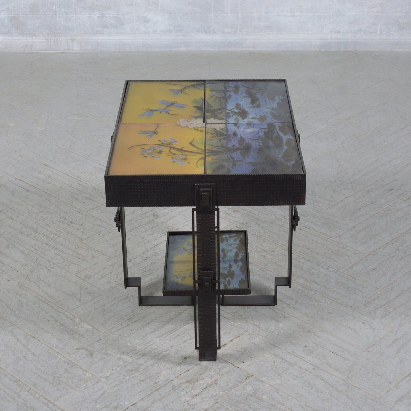 1970s Art Deco Side Table: Vintage Iron & Glass with Intricate Nature Scenes