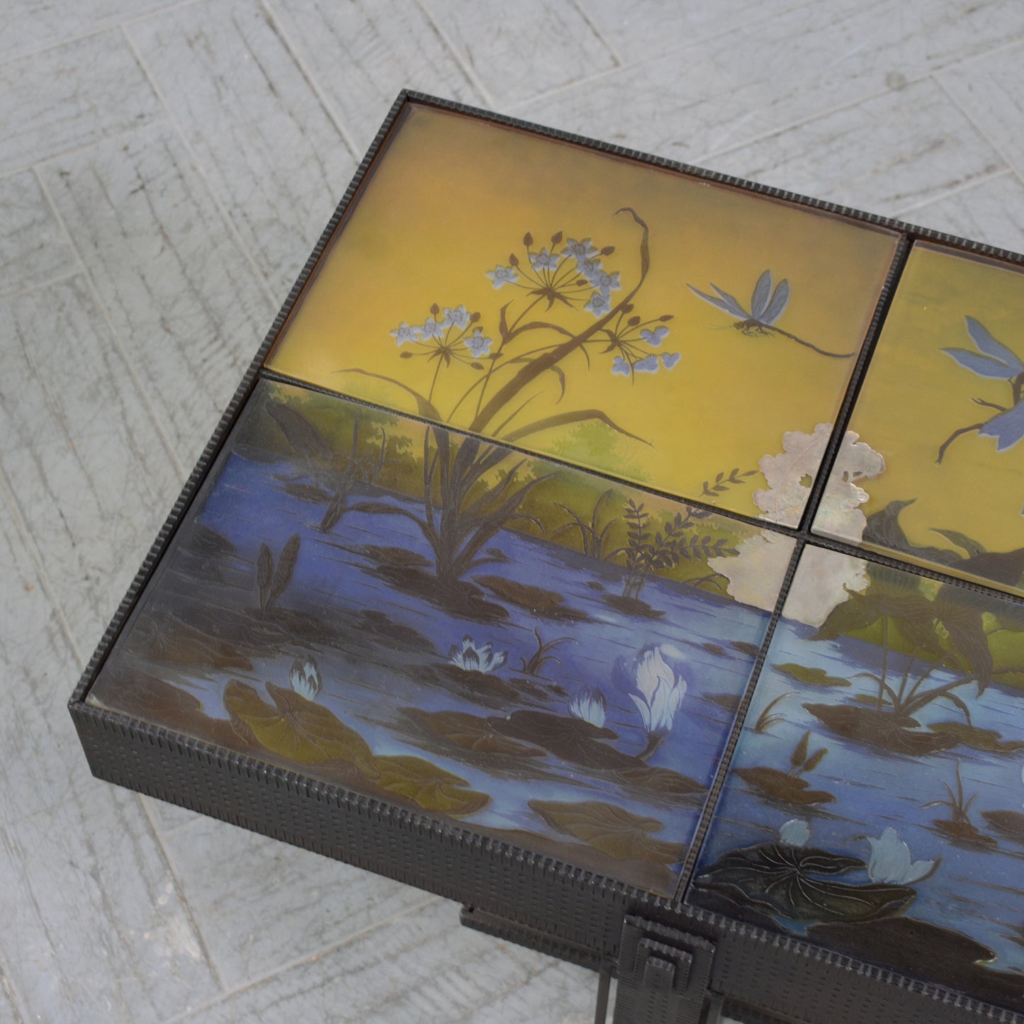 1970s Art Deco Side Table: Vintage Iron & Glass with Intricate Nature Scenes
