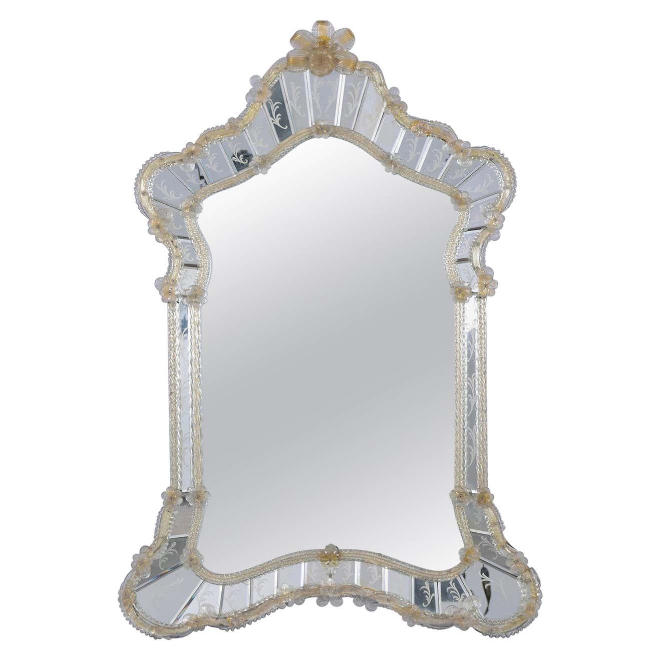 Vintage Italian Hand-Crafted Mirror with Etched Leaf Design & Murano Glass Flower Molding