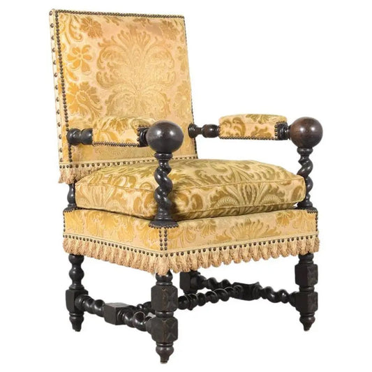 19th Century French Oak Armchair: Dark Walnut Patina Finish & Floral Upholstery