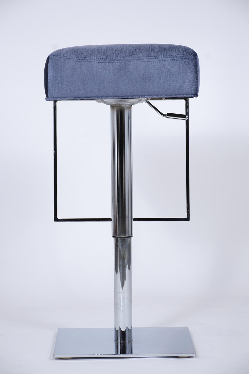 Mid-Century Chrome-Plated Swivel Bar Stools with Blue Velvet Seats