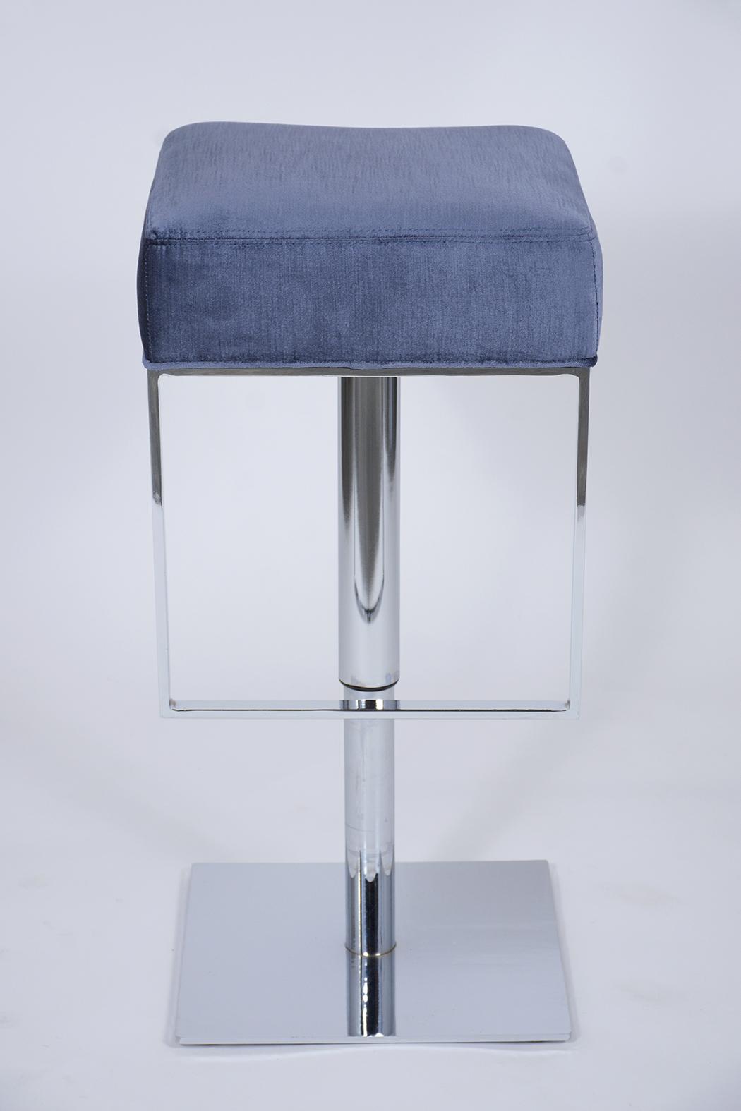 Mid-Century Chrome-Plated Swivel Bar Stools with Blue Velvet Seats