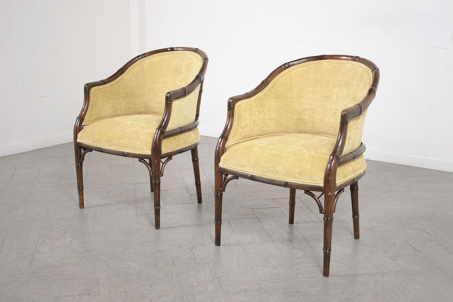 Pair of Vintage 1960s Faux Bamboo Armchairs - Champagne Fabric