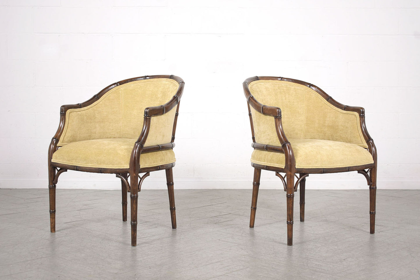 Pair of Vintage 1960s Faux Bamboo Armchairs - Champagne Fabric