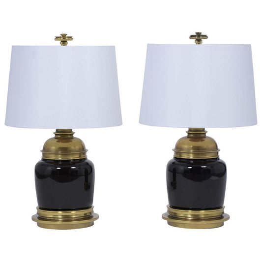 Pair of 1970's Mid-Century Modern Brass Glass Table Lamps