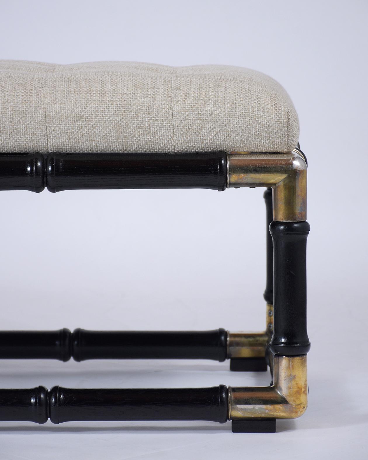 Mid-Century Ebonized Lacquered Bench with Bamboo Carving & Beige Tufted Upholstery