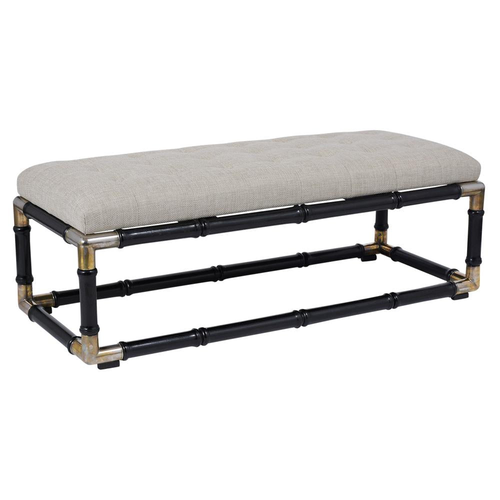 Mid-Century Ebonized Lacquered Bench with Bamboo Carving & Beige Tufted Upholstery