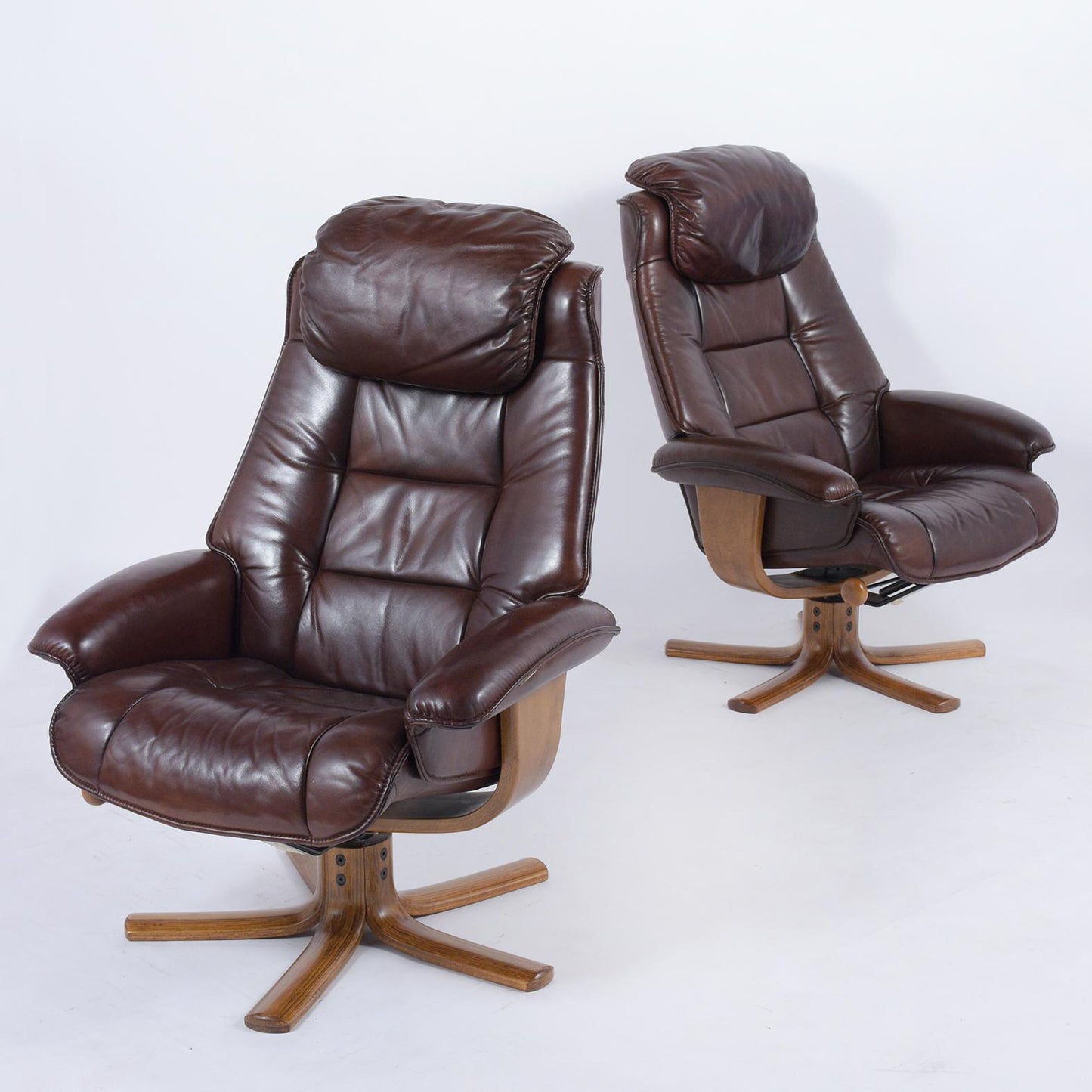 Midcentury Danish Swivel Leather Chairs with Ottomans