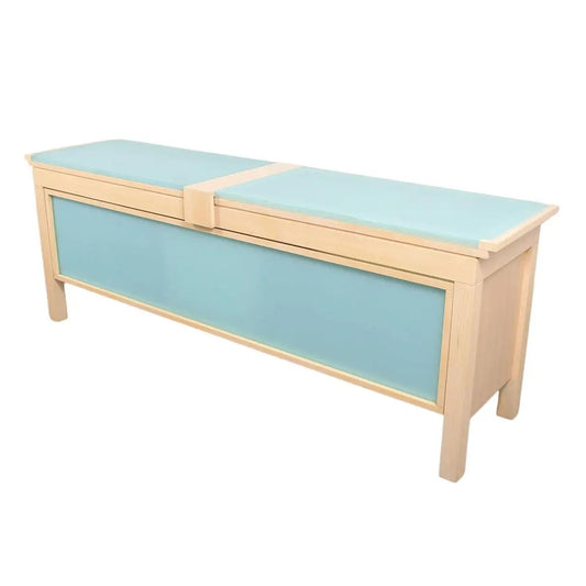 Stunning Mid-Century Inspired Modern Whitewashed Credenza with Frosted Glass Top