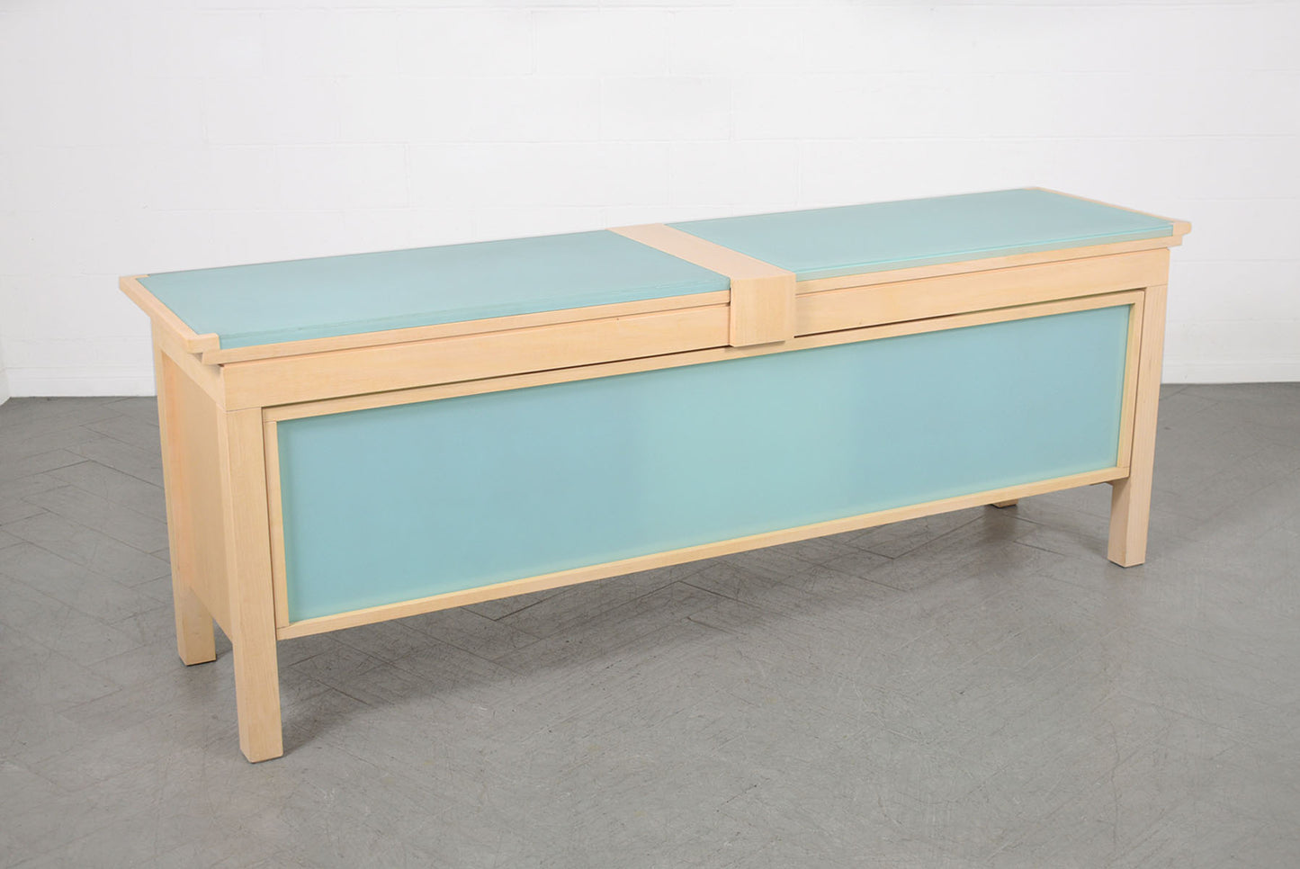 Stunning Mid-Century Inspired Modern Whitewashed Credenza with Frosted Glass Top