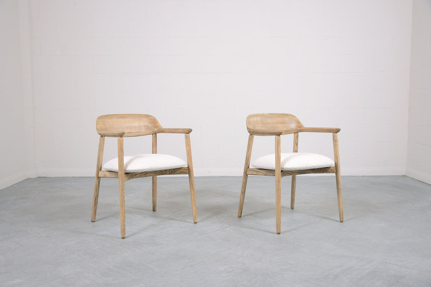 Restored 1990s Mid-Century Boucle Armchairs: White Upholstered with Beech Finish