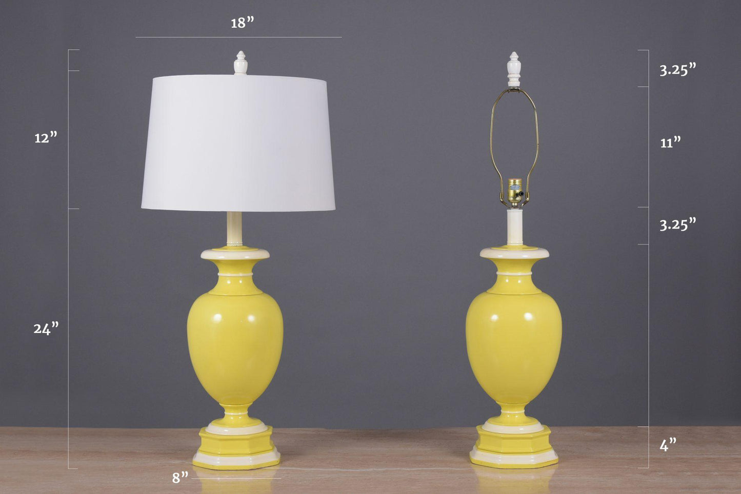 Neoclassical Style Vintage Ceramic Table Lamps in Yellow & White with New Shades - U.S Wired