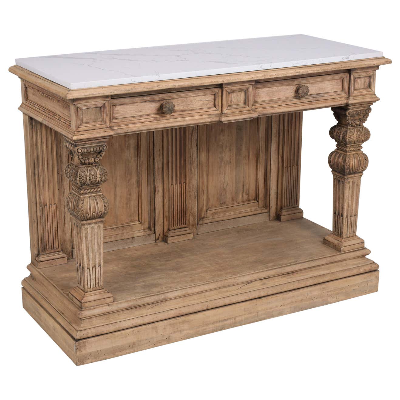 1880s Antique Baroque Carved Walnut Console with White Marble Top