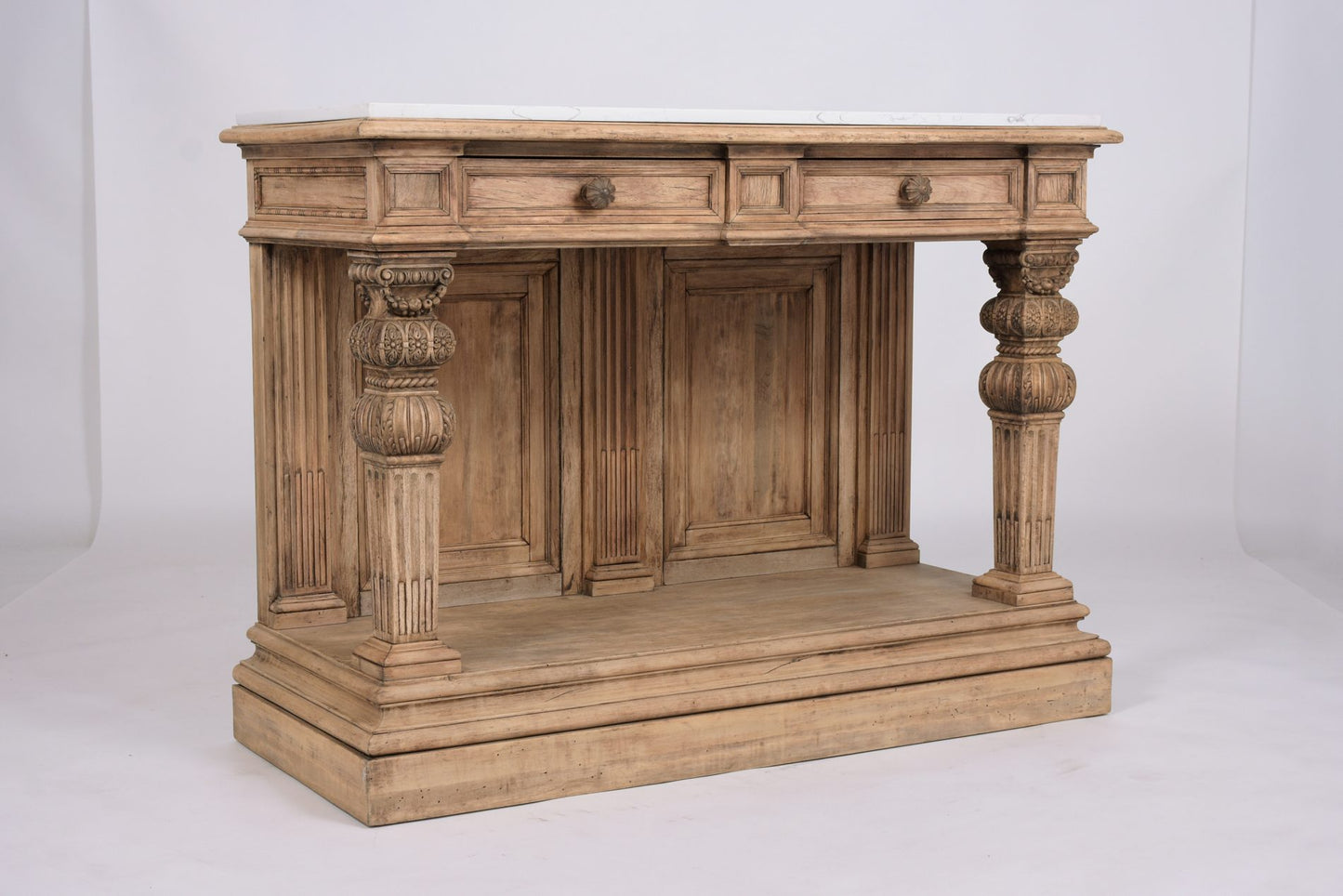 1880s Antique Baroque Carved Walnut Console with White Marble Top