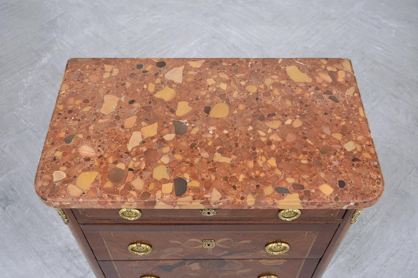 Antique French Brass Marble Top Commode