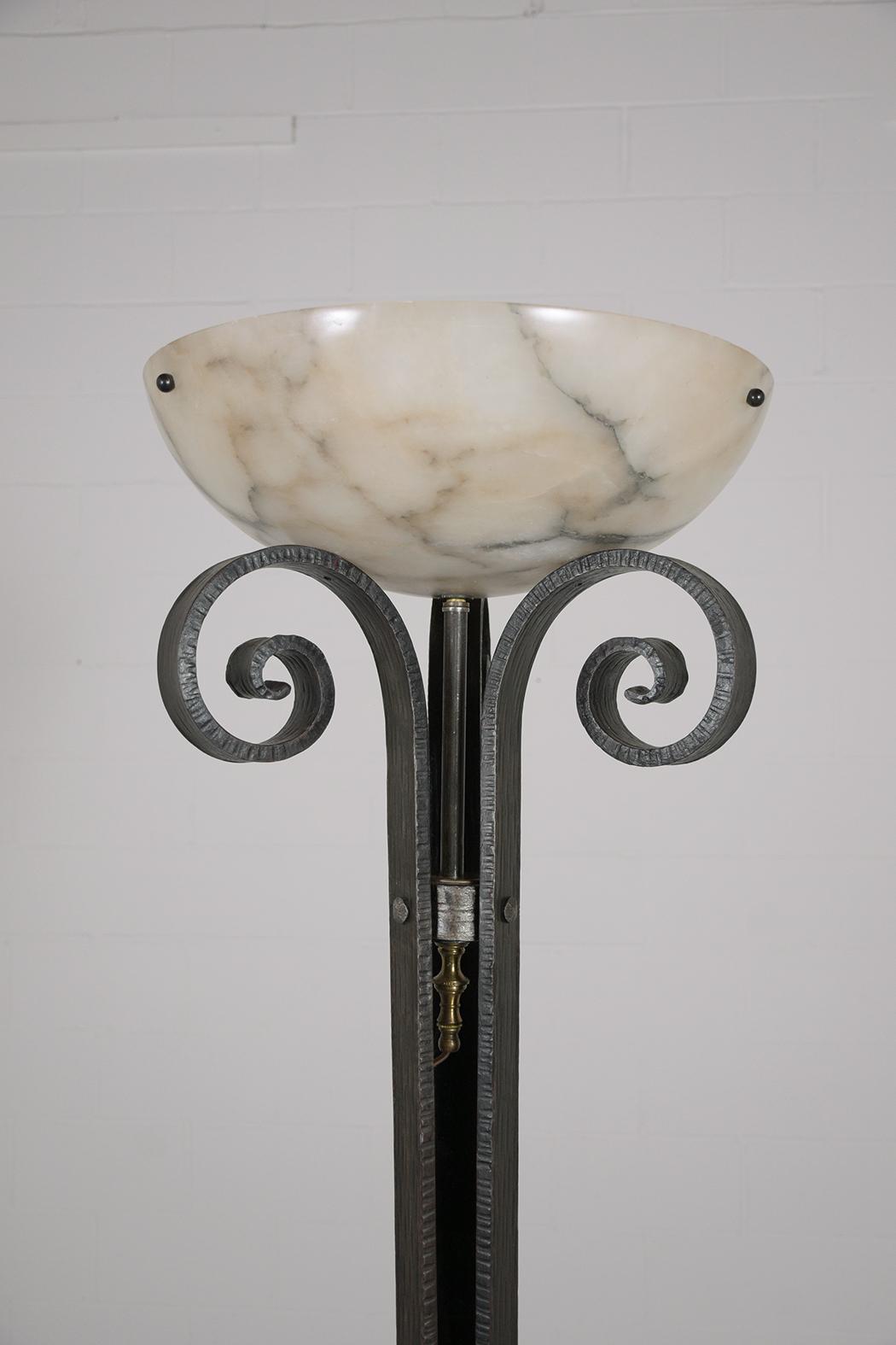 1950s French Art Deco Wrought Iron & Alabaster Floor Lamp