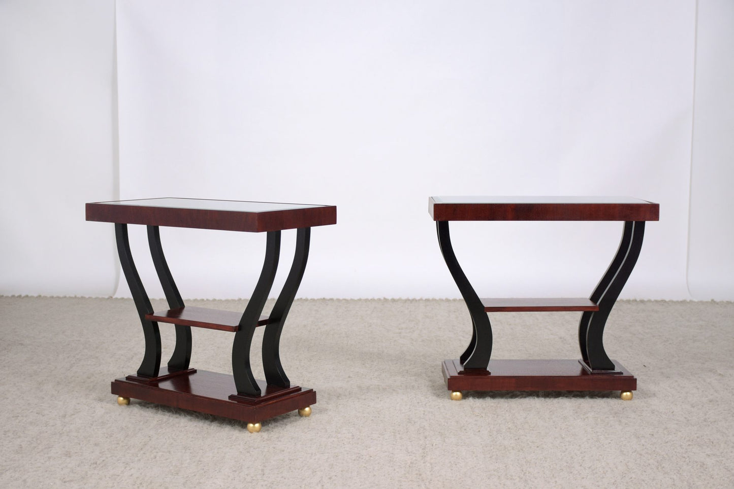 1950s Art Deco Walnut Side Tables with Ebonized Accents and Glass Tops