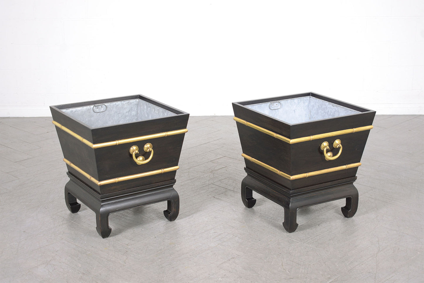 Restored Early 1900s Chinese Wood and Brass Garden Planters
