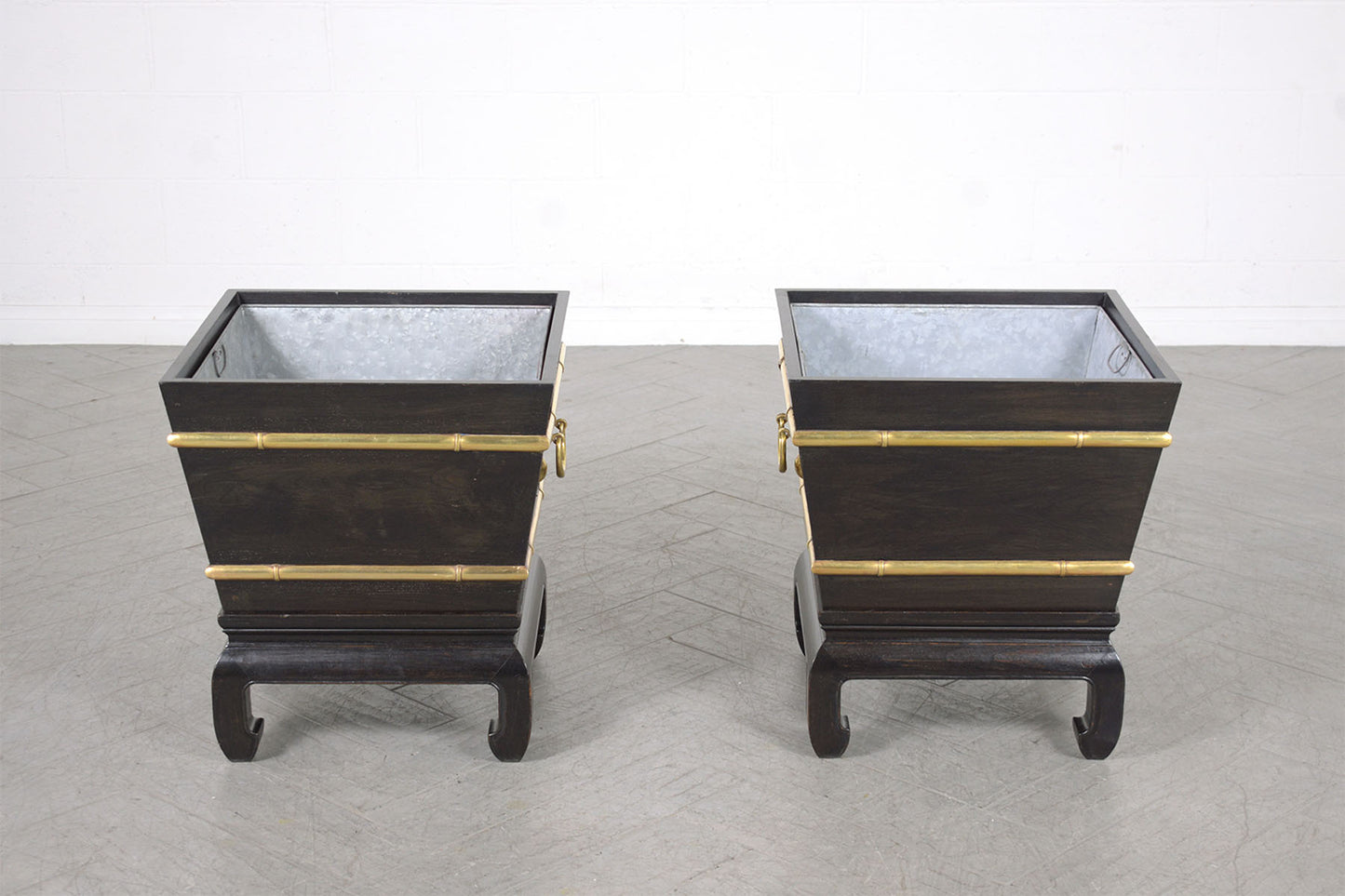 Restored Early 1900s Chinese Wood and Brass Garden Planters