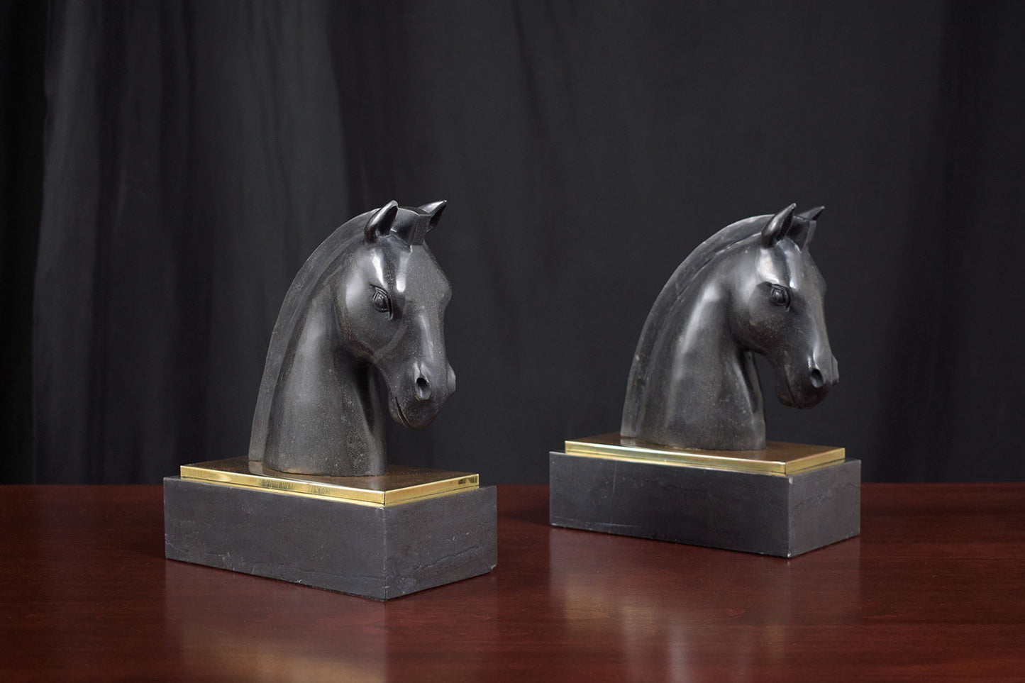Unique Vintage 1950s Black Marble Horse Head Bookends with Brass Plate