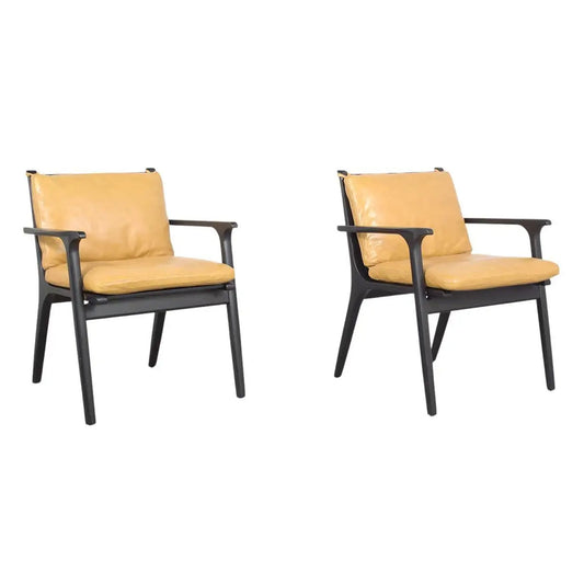 Pair of Modern Yellow Leather Oak Armchairs
