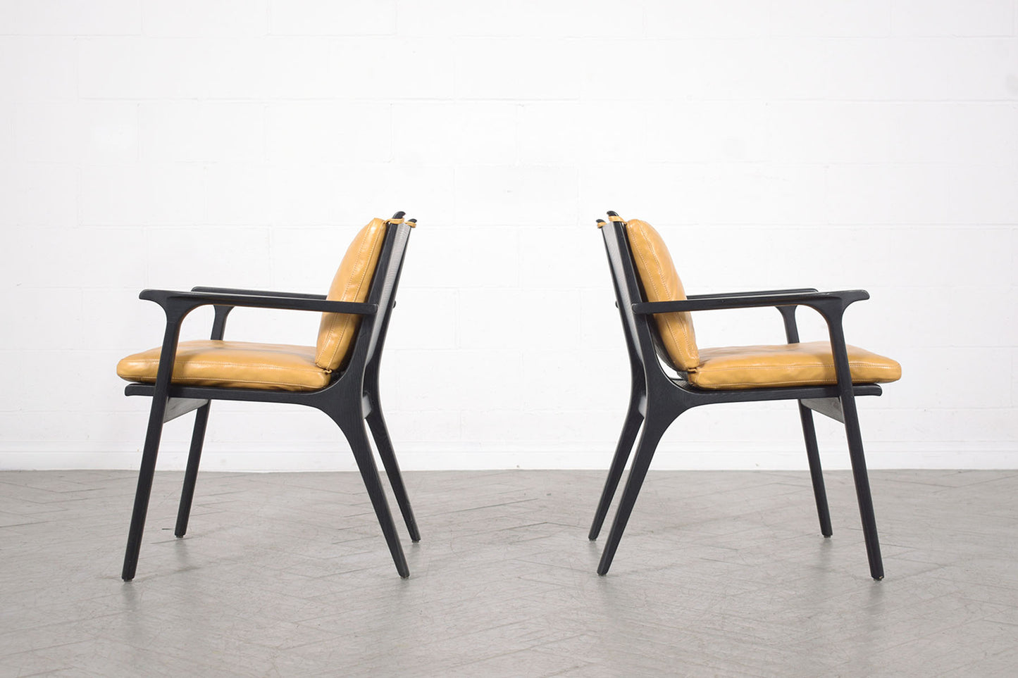 Pair of Modern Yellow Leather Oak Armchairs